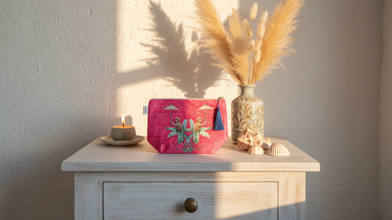 Amaranth Monkeys - Velvet Makeup Bag