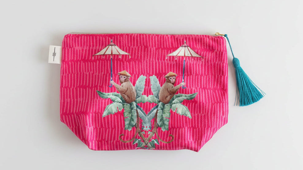 Amaranth Monkeys - Velvet Makeup Bag